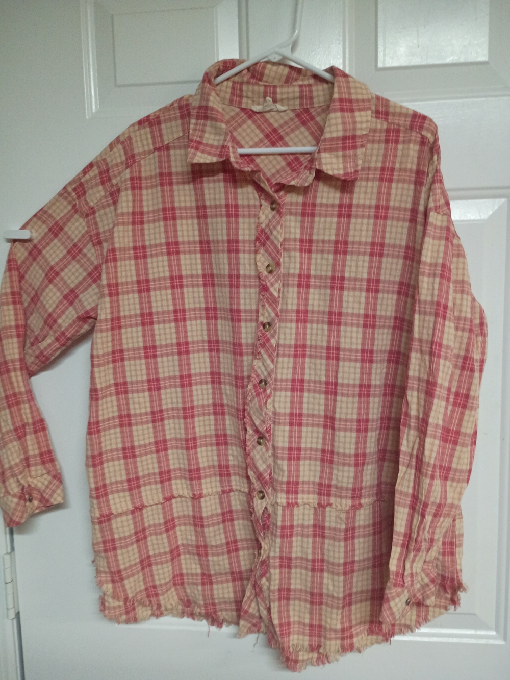 🤠🌻easel Pink and Cream Plaid Long Sleeve Button-Up Shirt Size Large - Picture 3 of 11